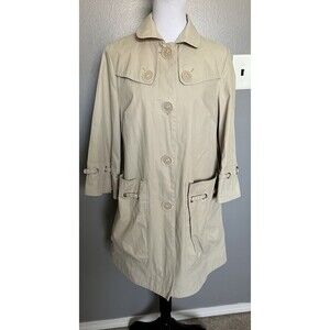 Nine West Beige Button Up Trench Coat Sz M Rain Jacket 3/4 Bell Sleeve Pockets